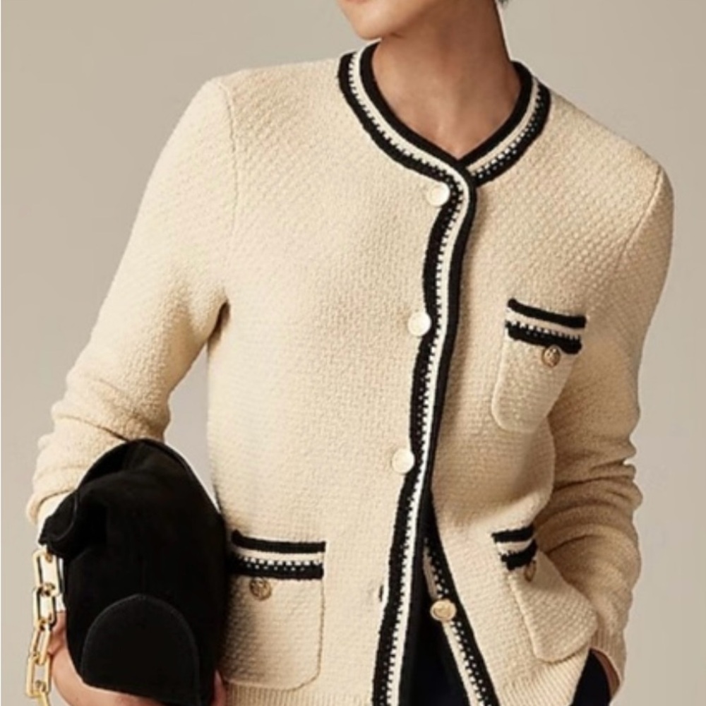J. Crew Contrast Trim Cream Sweater Cardigan with Black Accents